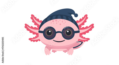 Cute pink axolotl character wearing a dark blue beanie and round glasses smiling adorably for cartoon and animal enthusiasts isolated on white background