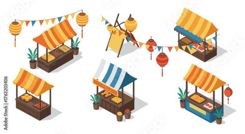 Isometric market stalls with colorful canopies and traditional lanterns