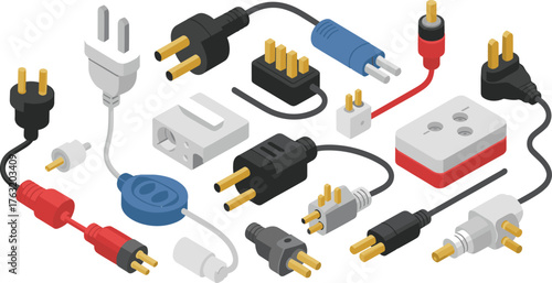 Isometric illustration of various electrical plugs, sockets, and power adapters, electronic connection equipment and cable connector technology concept