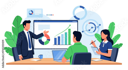 Business team analyzing growth chart presentation meeting strategy financial data and investment opportunity discussion isolated on white background
