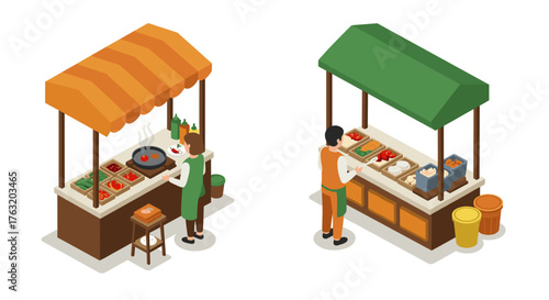 Street food stalls in isometric style with vendors cooking and serving