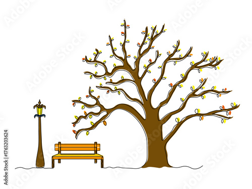 Abstract outdoor park bench and  Street Lamp lantern and sprawling branching tree with leaves in fall, continuous single line art hand drawing sketch, logo on white background