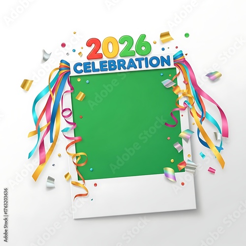 A festive 2026 celebration photo frame with colorful streamers and confetti, ready for personalization.