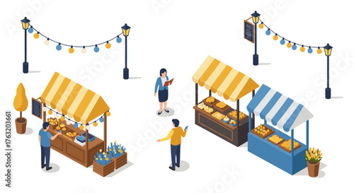 Isometric outdoor market scene with stalls and people engaging in activities