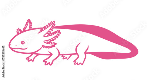 Charming pink axolotl creature depicted with delicate lines perfect for unique design elements and educational purposes isolated on white background