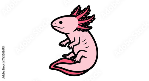 Cute pink axolotl amphibian character drawing with frilly gills smiling adorable aquatic animal pet for children's books and kawaii designs isolated on white background