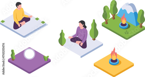 Isometric meditation and mindfulness illustration with people practicing yoga, fire, water, earth, air elements, relaxation and balance concept