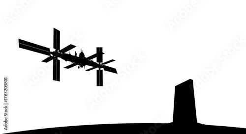 Silhouette of a space station or satellite orbiting above a stylized earth horizon with a dramatic sunset glow isolated on white background