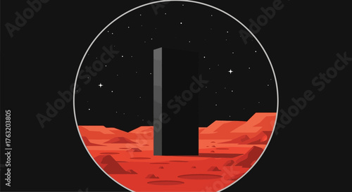 Mysterious monolith on alien planet surface with red landscape and starry sky abstract cosmic scene discovery isolated on white background