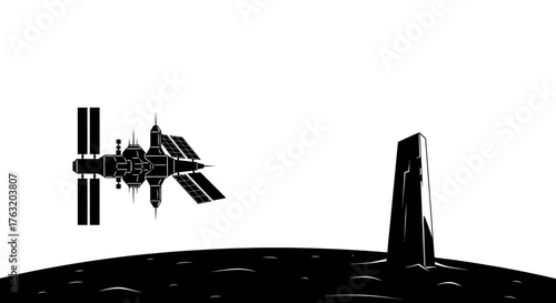 Futuristic space station orbiting a distant alien planet with abstract structures visible during cosmic exploration isolated on white background