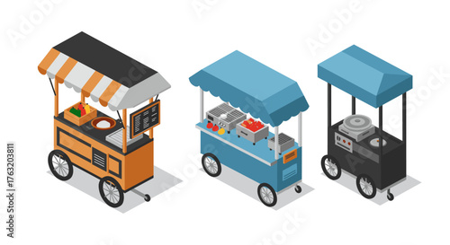 Isometric food carts collection: street food vendor stalls with colorful awnings