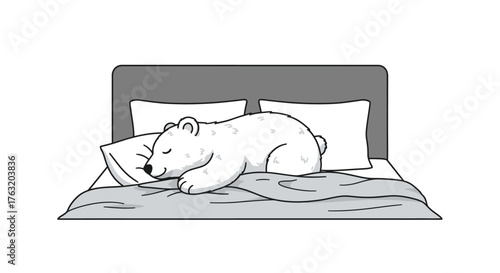 Cozy polar bear sleeping soundly in a comfortable bed with pillows and blanket peaceful sleep animal wildlife rest isolated on white background