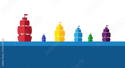 Colorful stacked objects artfully arranged on a blue surface against a displaying creativity and design isolated on white background