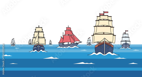 Fleet of tall ships sailing on blue ocean sea water artistic retro style pixel art style rendering of nautical vessels isolated on white background