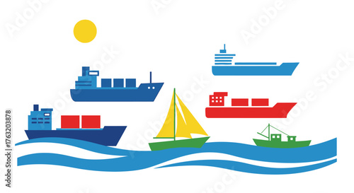Diverse fleet of cargo ships and sailboat navigating blue ocean waves under bright yellow sun symbolizing maritime commerce and travel isolated on white background
