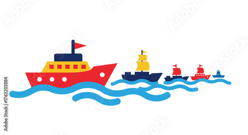 Charming nautical scene featuring colorful cartoon boats sailing on wavy blue water a delightful maritime composition for children's themes and summer fun isolated on white background