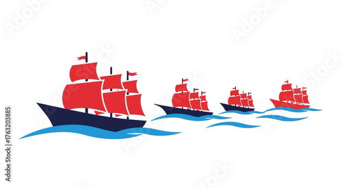 A fleet of majestic tall ships with vibrant red sails navigates open waters a serene nautical scene isolated on white background
