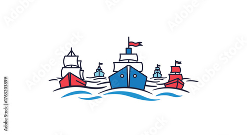 Nautical scene depicting multiple boats and lighthouse structures in gentle waves artistic rendering for maritime themes isolated on white background