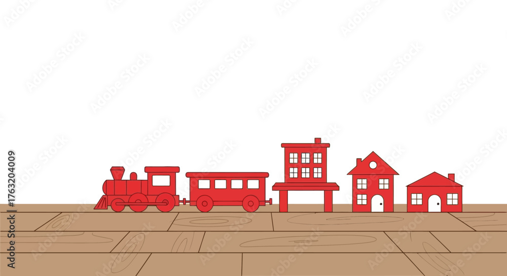 Naklejka premium Charming red toy train set and village buildings arranged on tracks against a white sky perfect for children's themes isolated on white background