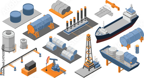 Isometric oil and gas industry illustration showing refinery plant, drilling rig, storage tanks, pipelines, ships, and industrial equipment concept