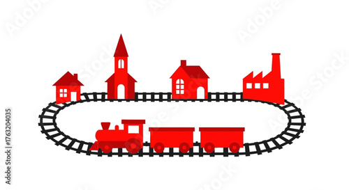 Wallpaper Mural Charming red toy train travels through miniature village featuring houses church and factory on oval track isolated on white background Torontodigital.ca