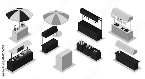 Isometric market stalls set with umbrellas and counters in monochrome style