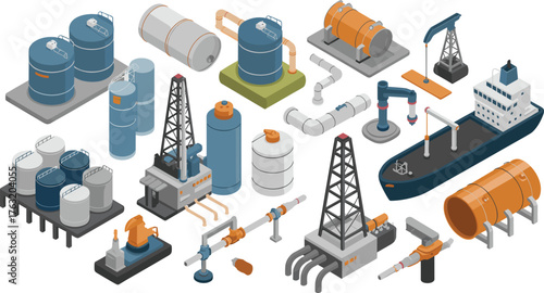 Isometric oil and gas industry illustration showing refinery plant, drilling rig, storage tanks, pipelines, ships, and industrial equipment concept