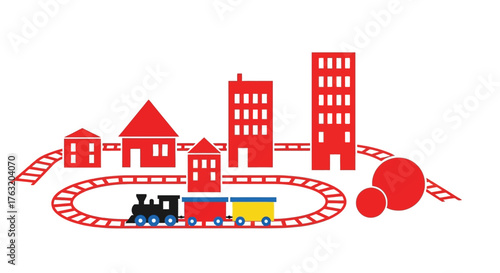 Whimsical toy train and city scene with red buildings and ukrainian flag colors on tracks isolated on white background