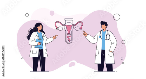 Male and female doctors explaining the female reproductive system.