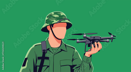 Soldier holding drone ready for operation in military mission.