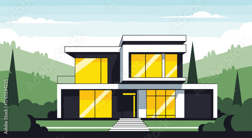 Modern Two-Story House with Large Windows and Clean Architectural Lines.