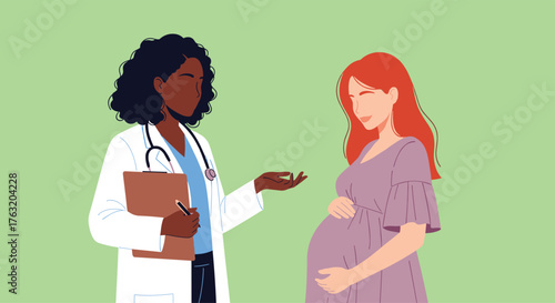 Doctor consulting with pregnant woman discussing health and wellness.