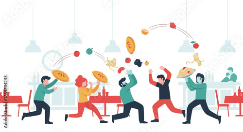 Joyful celebration scene of people throwing food upwards in festive atmosphere capturing happy moment and merriment with bright decorations and dancing figures isolated on white background