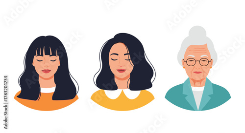 Three generations of women from youth to old age vector illustration.