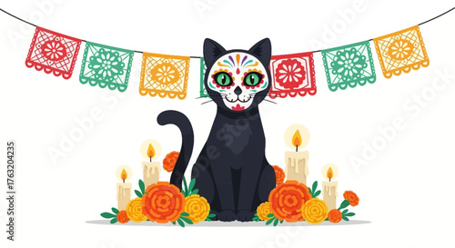 A vibrant flat design illustration depicting a black cat with a festive sugar skull face, surrounded by traditional Day of the Dead elements like marigolds and candles. 