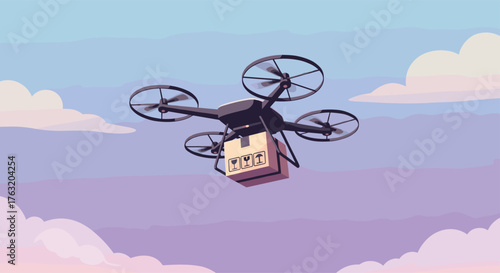 Delivery drone flying with a package in the sky.