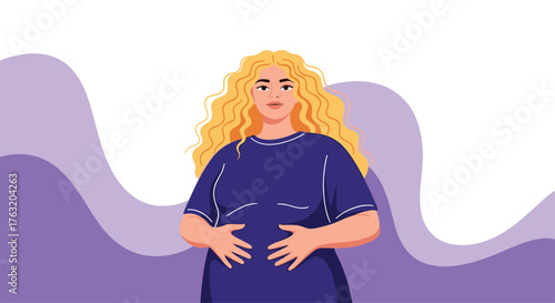 Woman in blue dress with curly blonde hair holding her stomach.