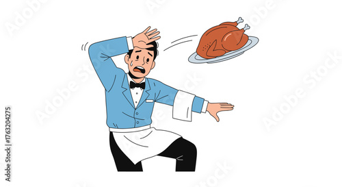 Humorous cartoon waiter drops roasted turkey meal in mishap isolated on white background