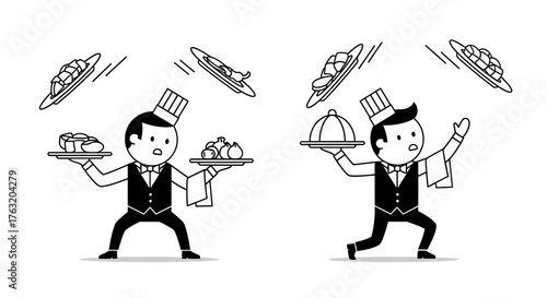 Skilled waiters juggling food and plates with expertise capturing dynamic restaurant service performance isolated on white background
