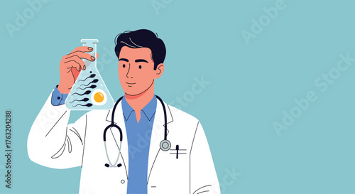 Doctor holding a flask with sperm and egg illustration.