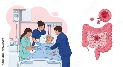 Medical team caring for elderly patient with colon cancer in hospital.