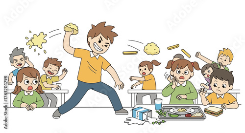 Excited young boy playing dodgeball game with friends during recess energetic childhood fun and outdoor activities isolated on white background