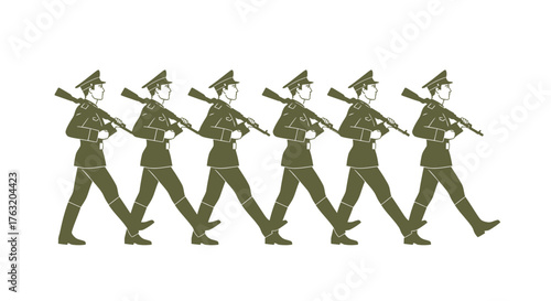 Marching soldiers in uniform with rifles moving in formation for military parade or ceremony representation isolated on white background