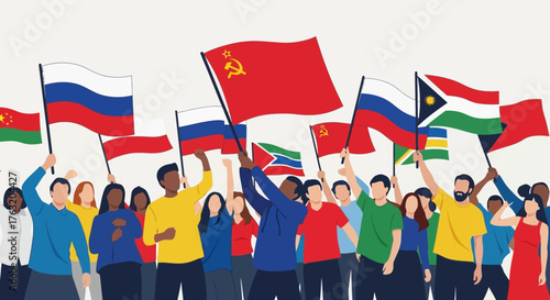 Diverse group of people holding national flags from various countries celebrating global unity and international relations isolated on white background