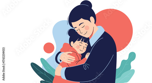 Mother and daughter embrace in a tender moment of affection and love.