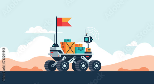 Space rover exploring the surface carrying cargo and a flag.