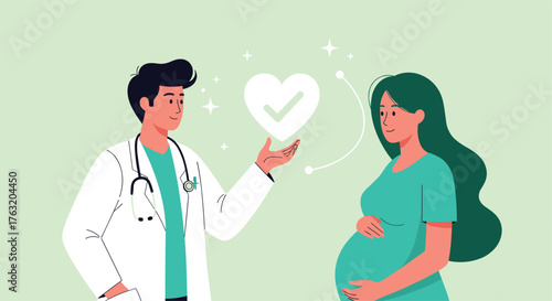 Doctor holding heart symbol near pregnant woman.