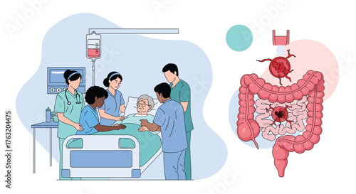 Medical team caring for elderly patient with colon cancer.