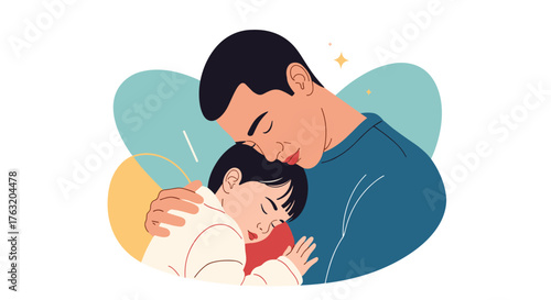 Father lovingly embraces sleeping child creating a tender moment of affection.