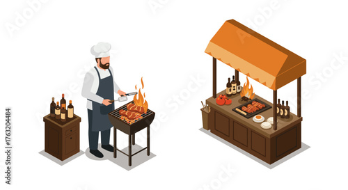 Chef grilling bbq meats beside outdoor food stall in isometric design